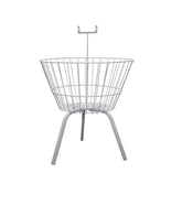 White round dump bin with card holder, wire construction, spacious basket, ideal for retail, events, or exhibitions